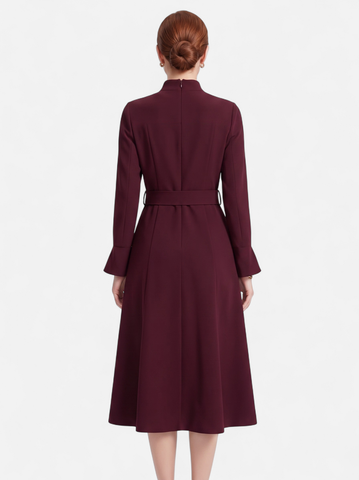 Womens Elegant Turtleneck Belted A-Line Dress Burgundy Back