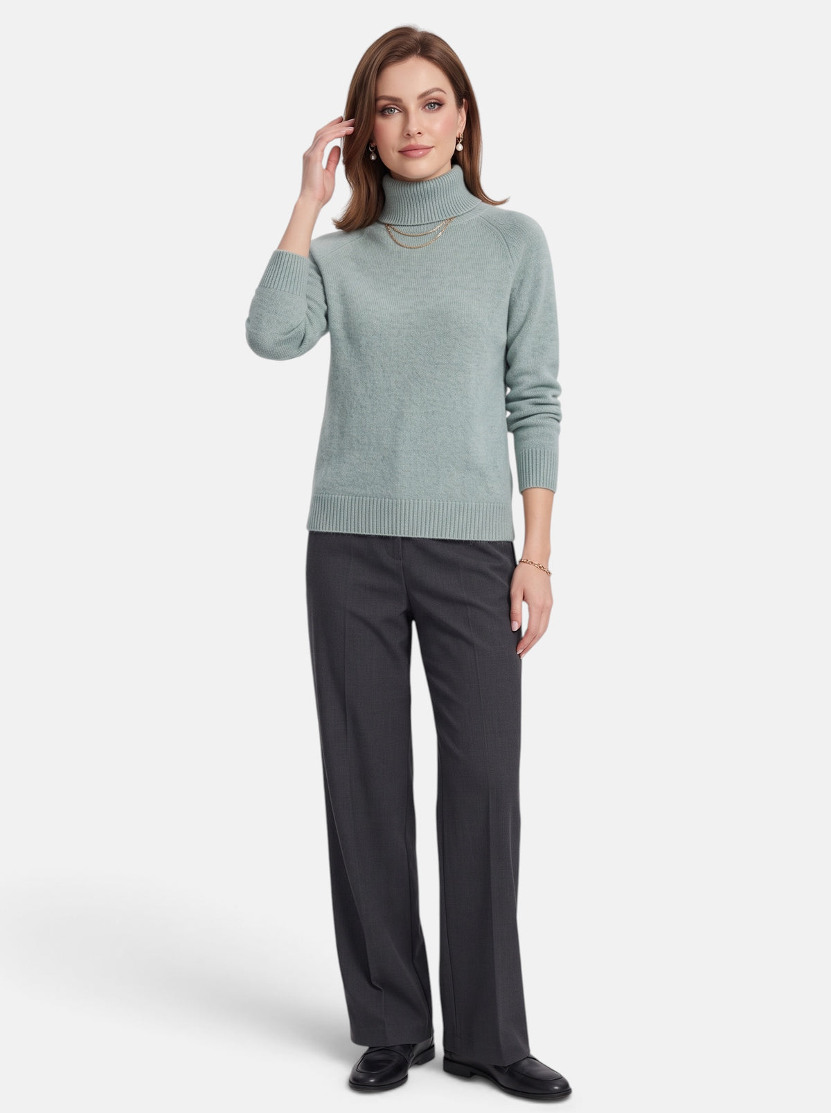 Women's Light Green Boxy Turtleneck Long Sleeve Knit Sweater - Full Body