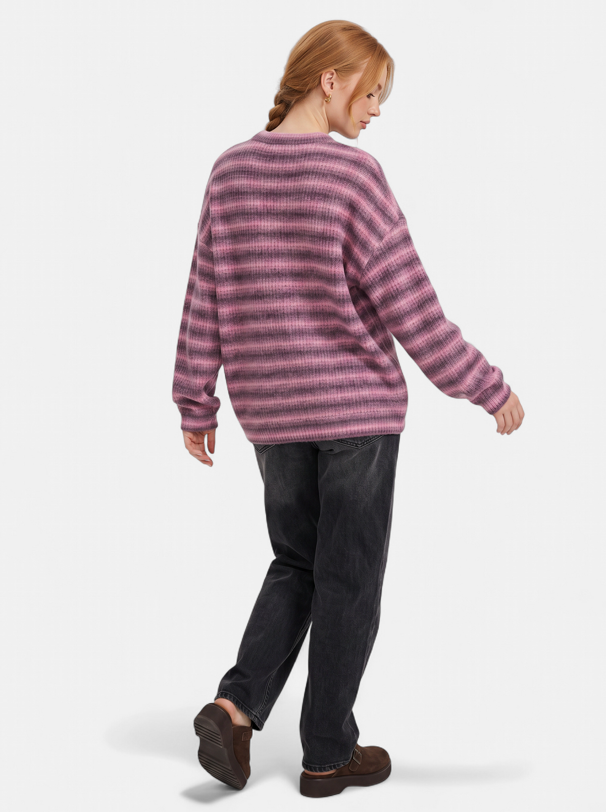 Women's Oversized Striped Crew Neck Sweater in Purple - Back