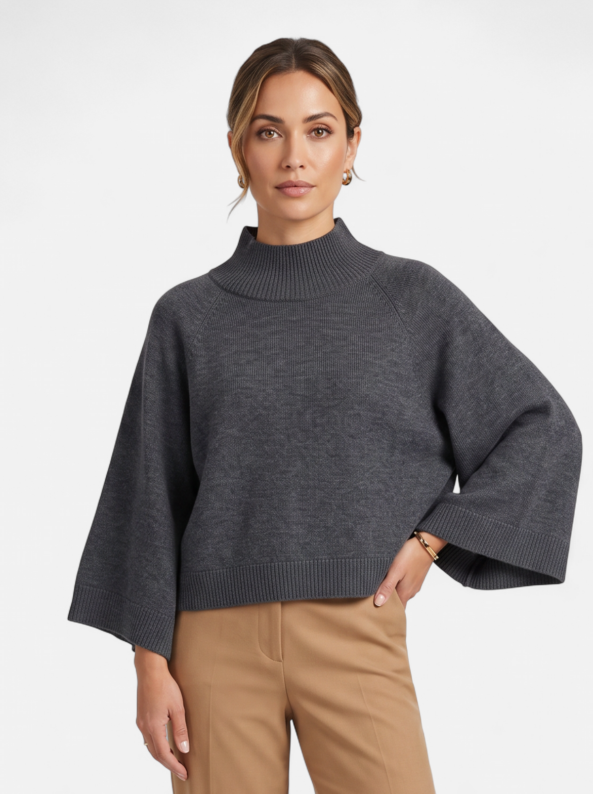 Women's Chunky Knit Mock Neck Sweater - Grey - Front