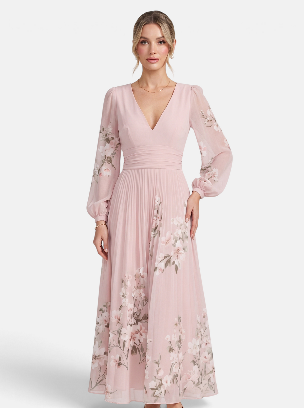 Women's pink floral print deep V-neck long sleeve maxi dress hero