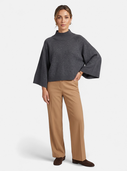 Women's Chunky Knit Mock Neck Sweater - Grey - Full Body