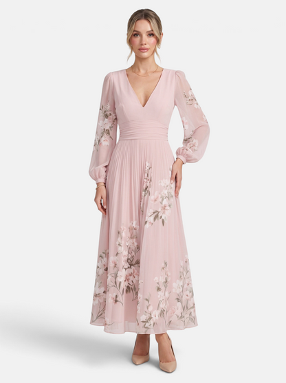 Women's pink floral print deep V-neck long sleeve maxi dress full