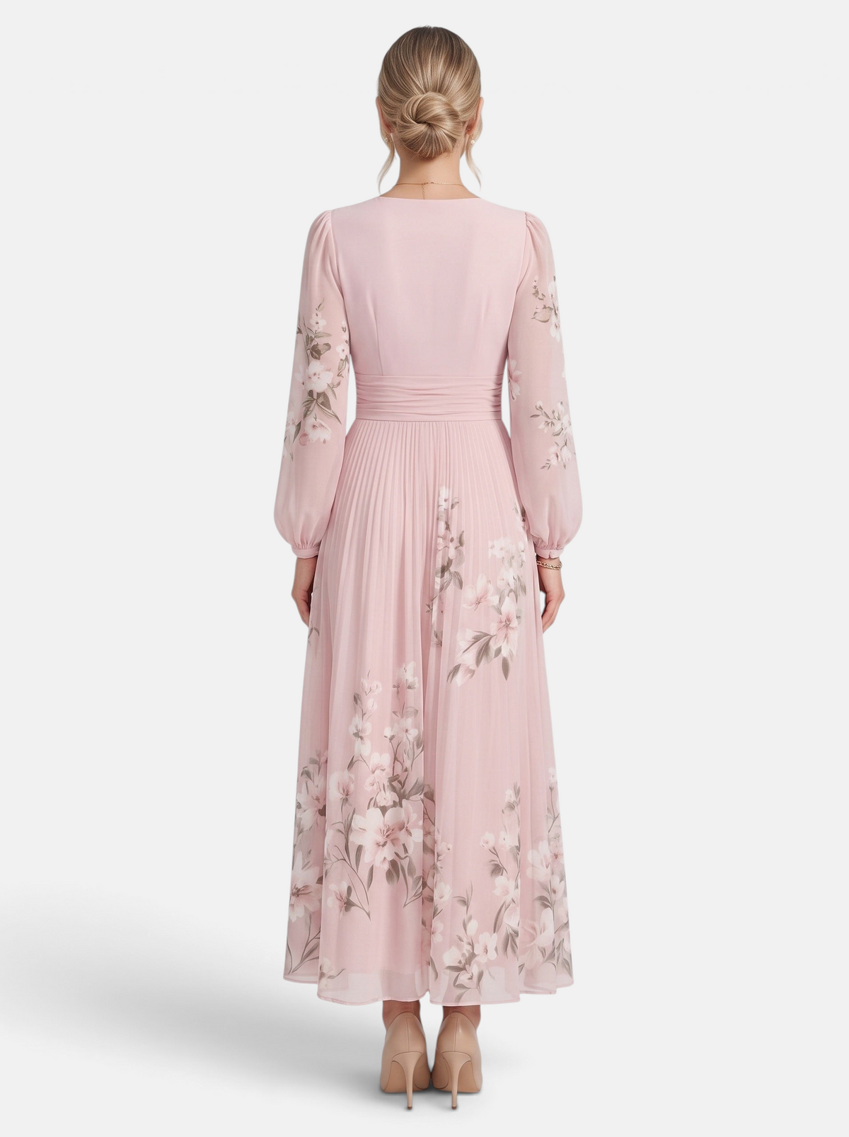 Women's pink floral print deep V-neck long sleeve maxi dress back