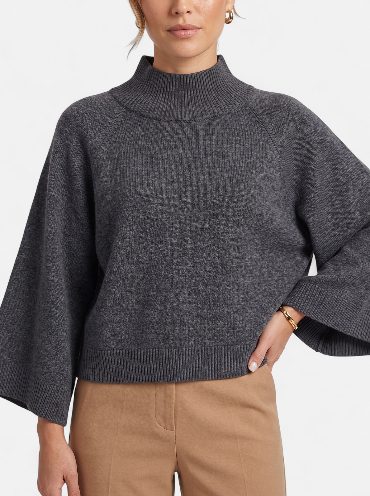 Women's Chunky Knit Mock Neck Sweater - Grey - Detail