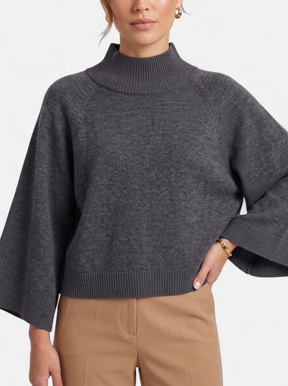 Women's Chunky Knit Mock Neck Sweater - Grey - Detail
