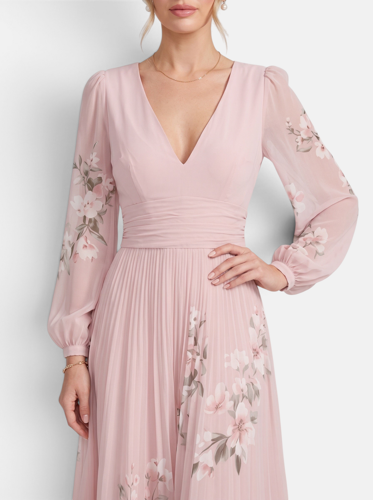 Women's pink floral print deep V-neck long sleeve maxi dress detail
