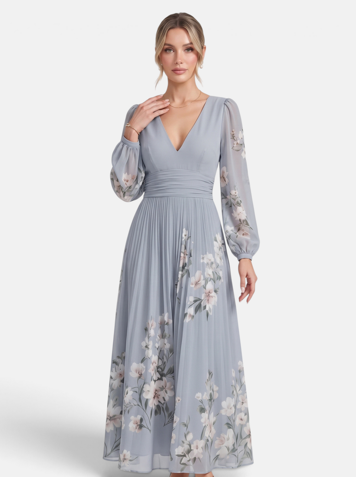 Women's grey floral print deep V-neck long sleeve maxi dress hero