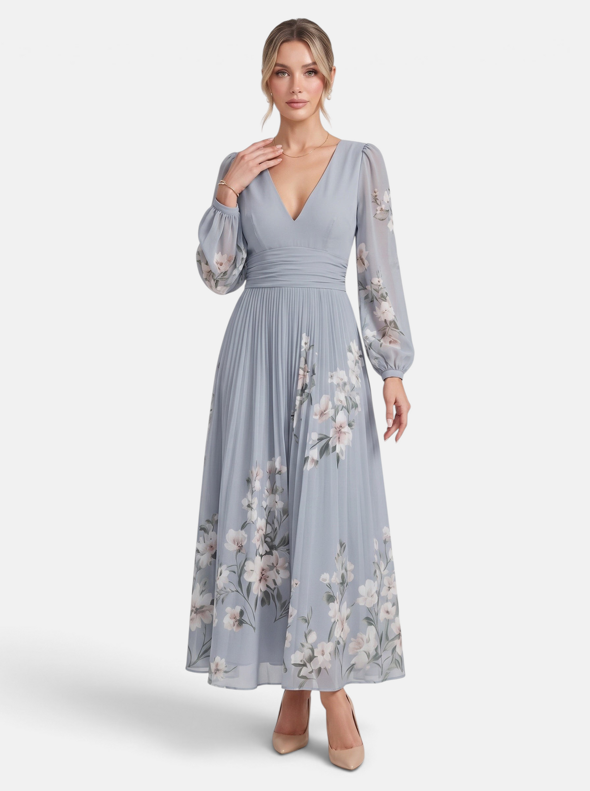 Women's grey floral print deep V-neck long sleeve maxi dress full