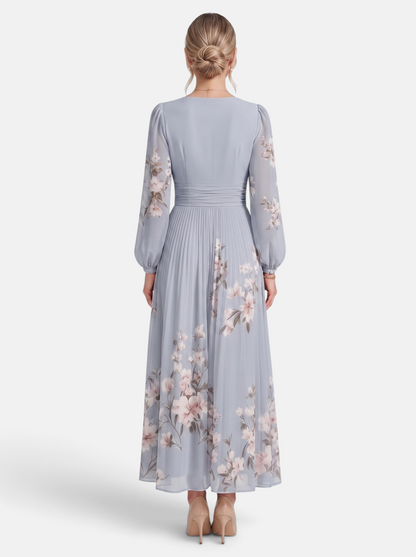 Women's grey floral print deep V-neck long sleeve maxi dress back