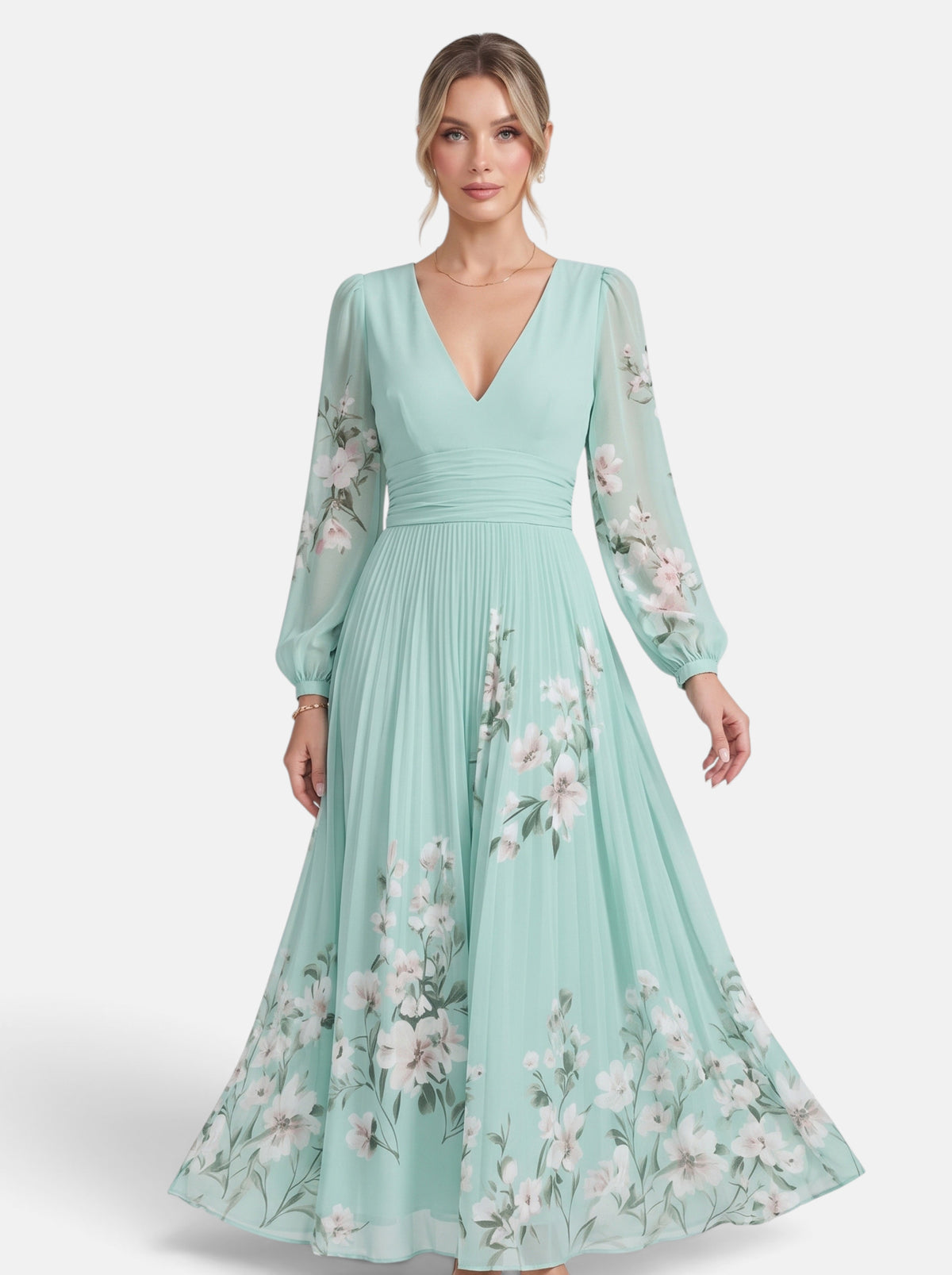 Women's green floral print deep V-neck long sleeve maxi dress hero