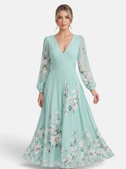 Women's green floral print deep V-neck long sleeve maxi dress hero