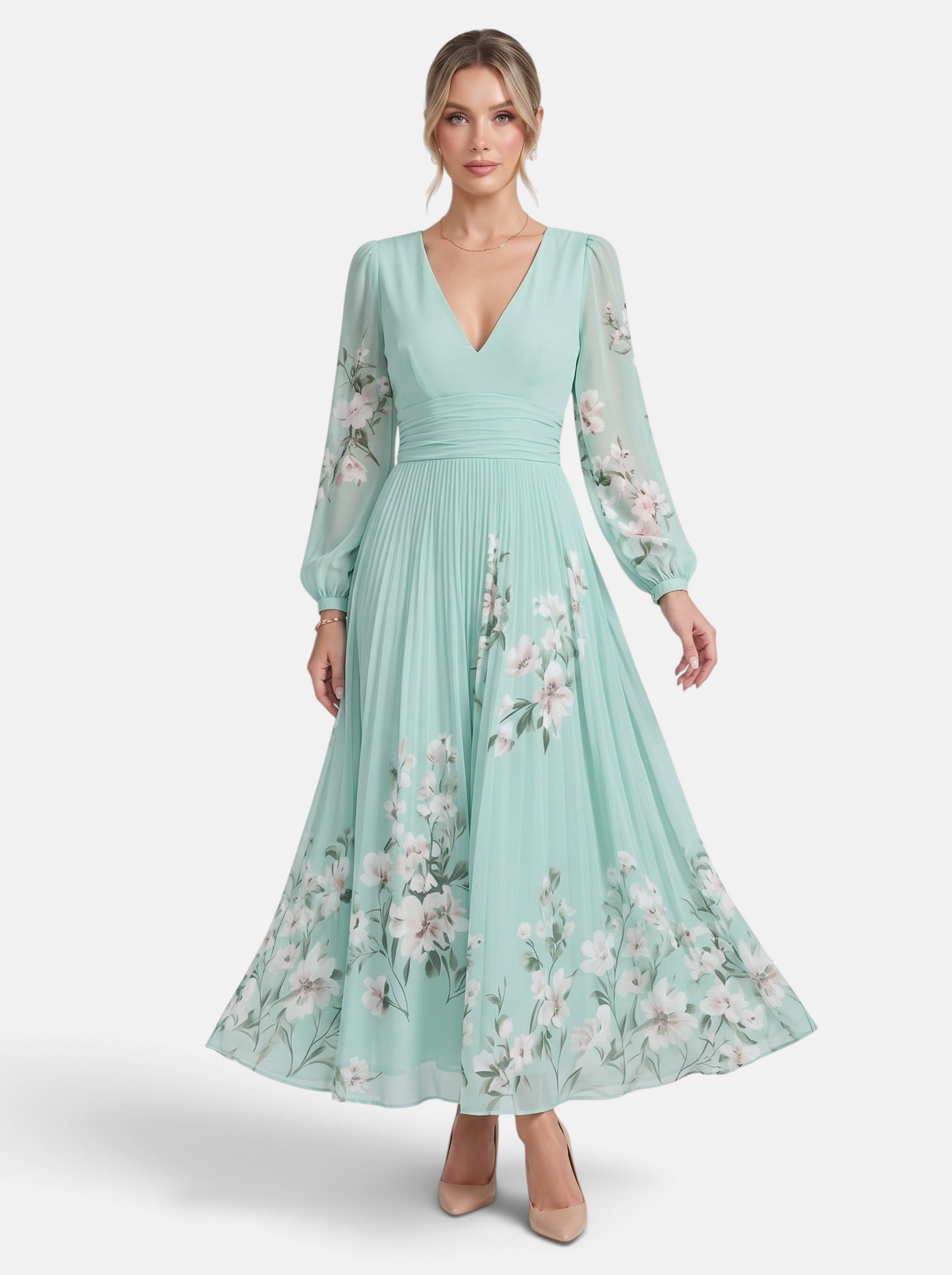Women's green floral print deep V-neck long sleeve maxi dress full