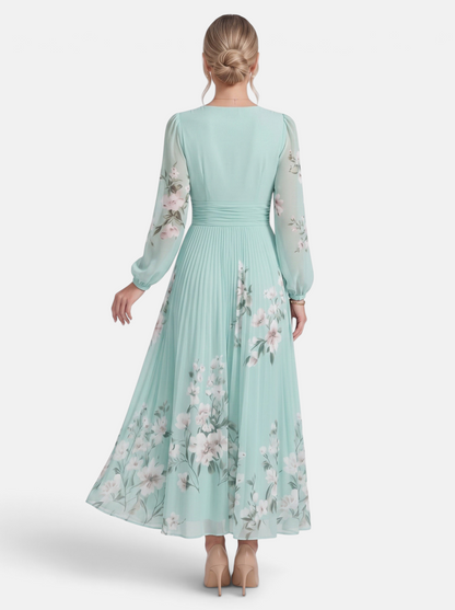 Women's green floral print deep V-neck long sleeve maxi dress back