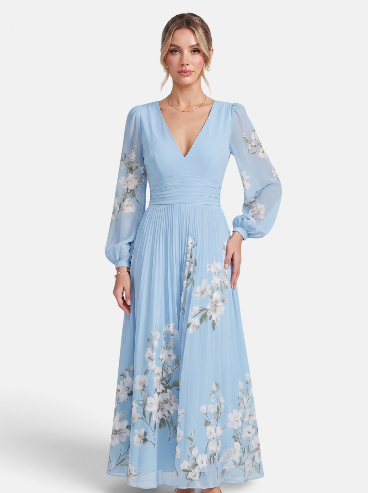 Women's blue floral print deep V-neck long sleeve maxi dress hero