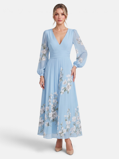 Women's blue floral print deep V-neck long sleeve maxi dress full