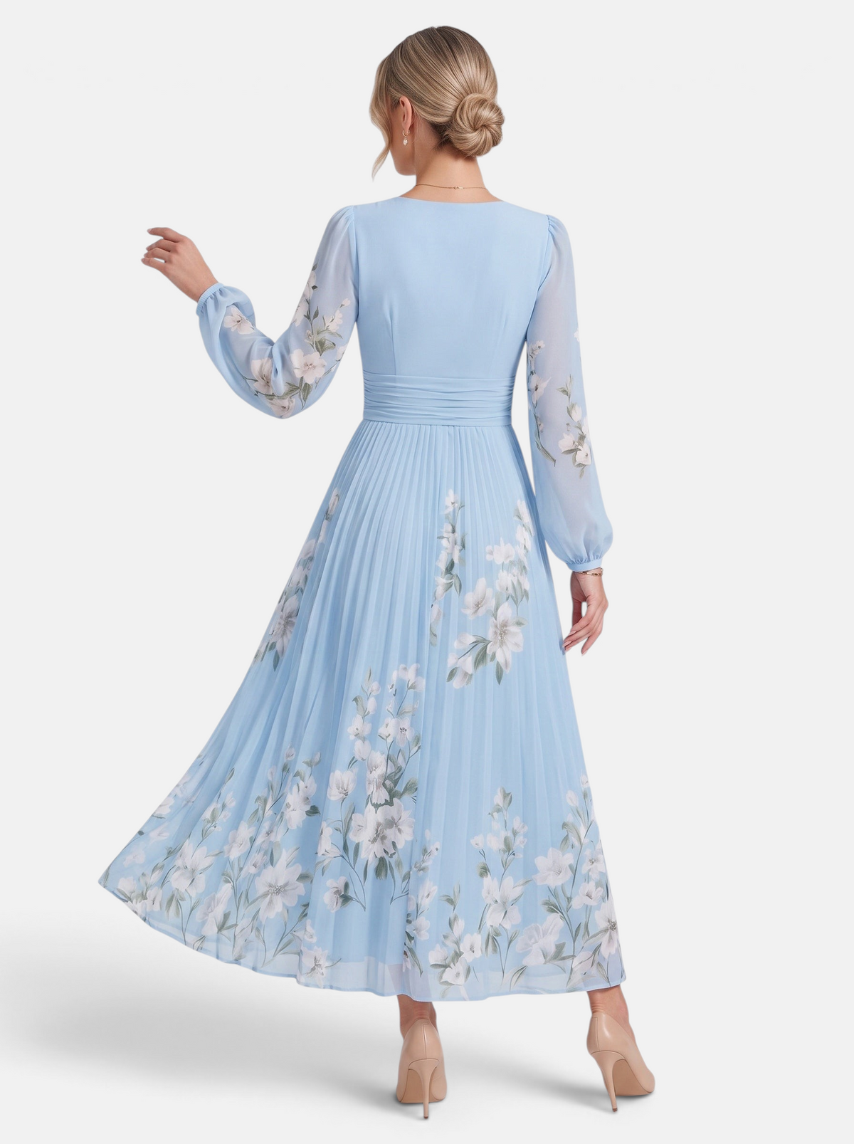Women's blue floral print deep V-neck long sleeve maxi dress back