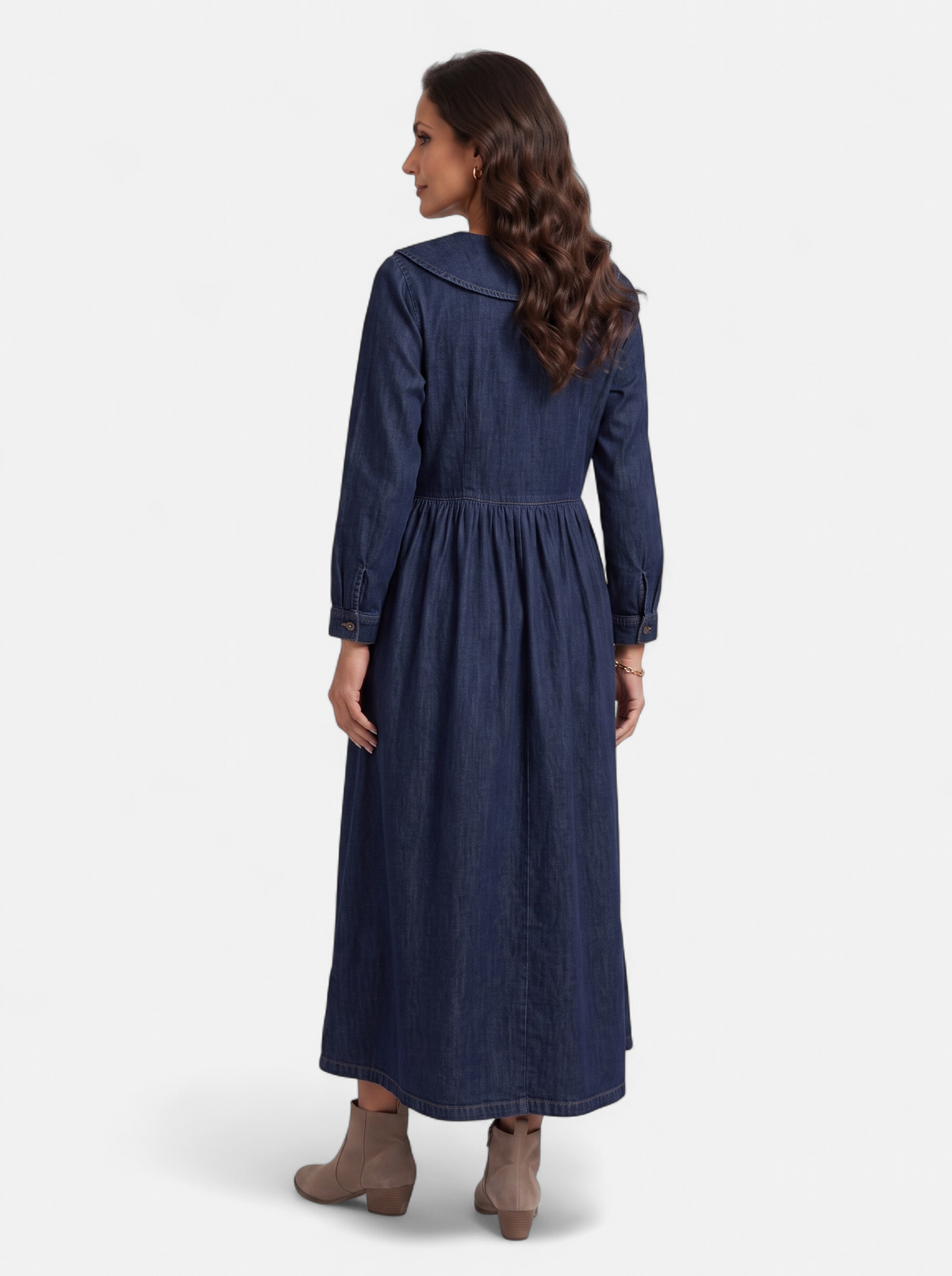 Womens Elegant Doll Collar Ankle Dress Dark Blue Back