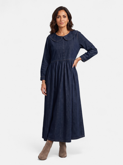 Womens Elegant Doll Collar Ankle Dress Dark Blue Full Body