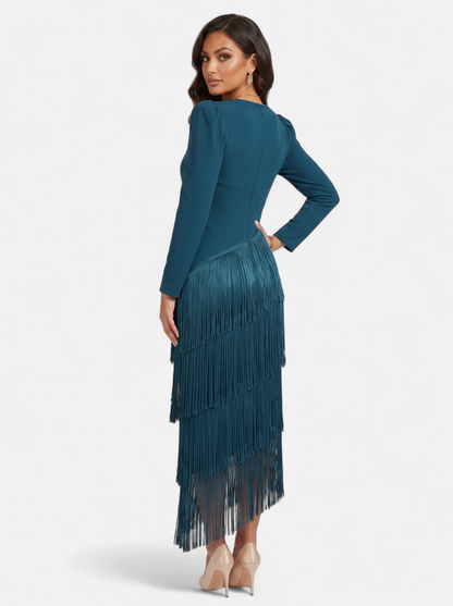 Womens Elegant Fringe Sleeve Maxi Dress Dark Blue Back