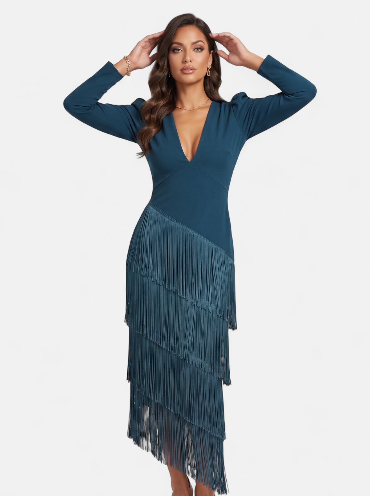 Womens Elegant Fringe Sleeve Maxi Dress Dark Blue Hero