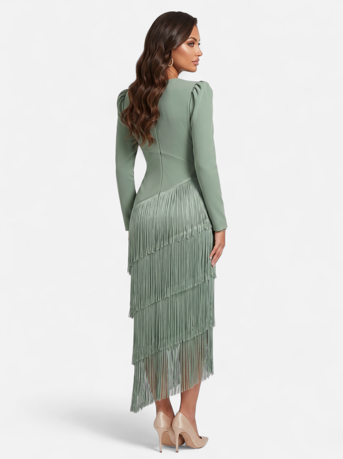 Womens Elegant Fringe Sleeve Maxi Dress Light Green Back