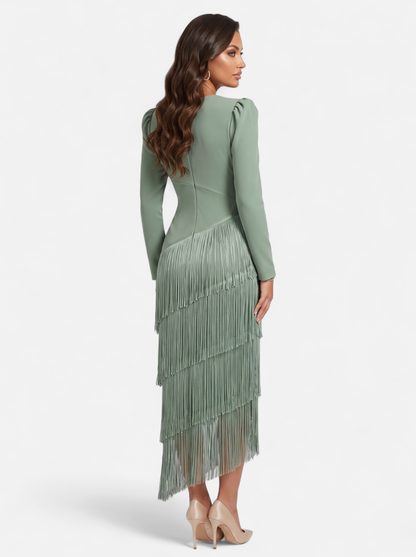 Womens Elegant Fringe Sleeve Maxi Dress Light Green Back