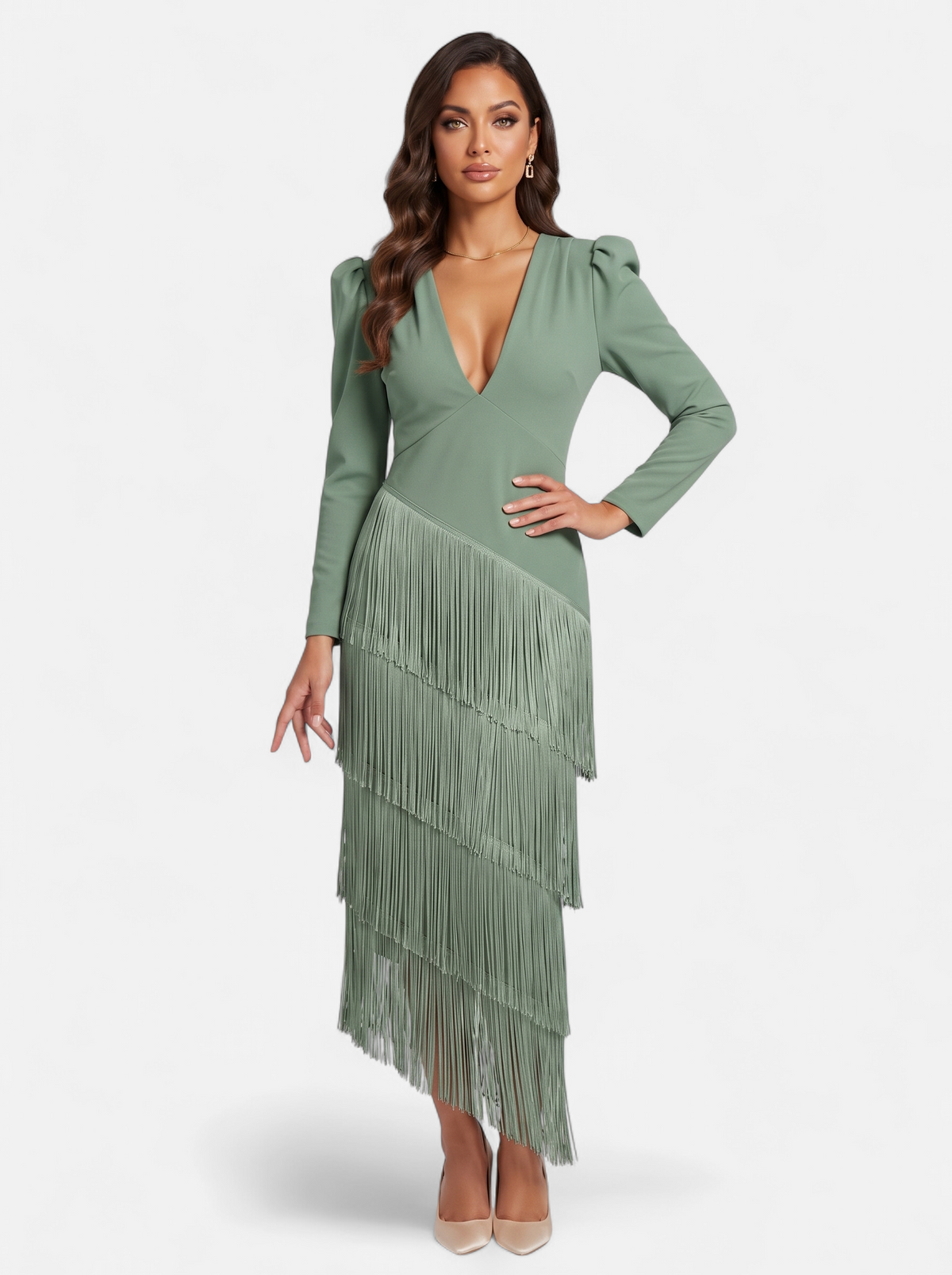 Womens Elegant Fringe Sleeve Maxi Dress Light Green Full Body