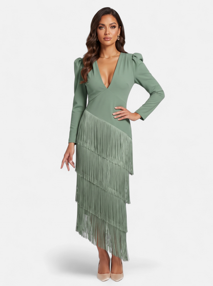 Womens Elegant Fringe Sleeve Maxi Dress Light Green Full Body