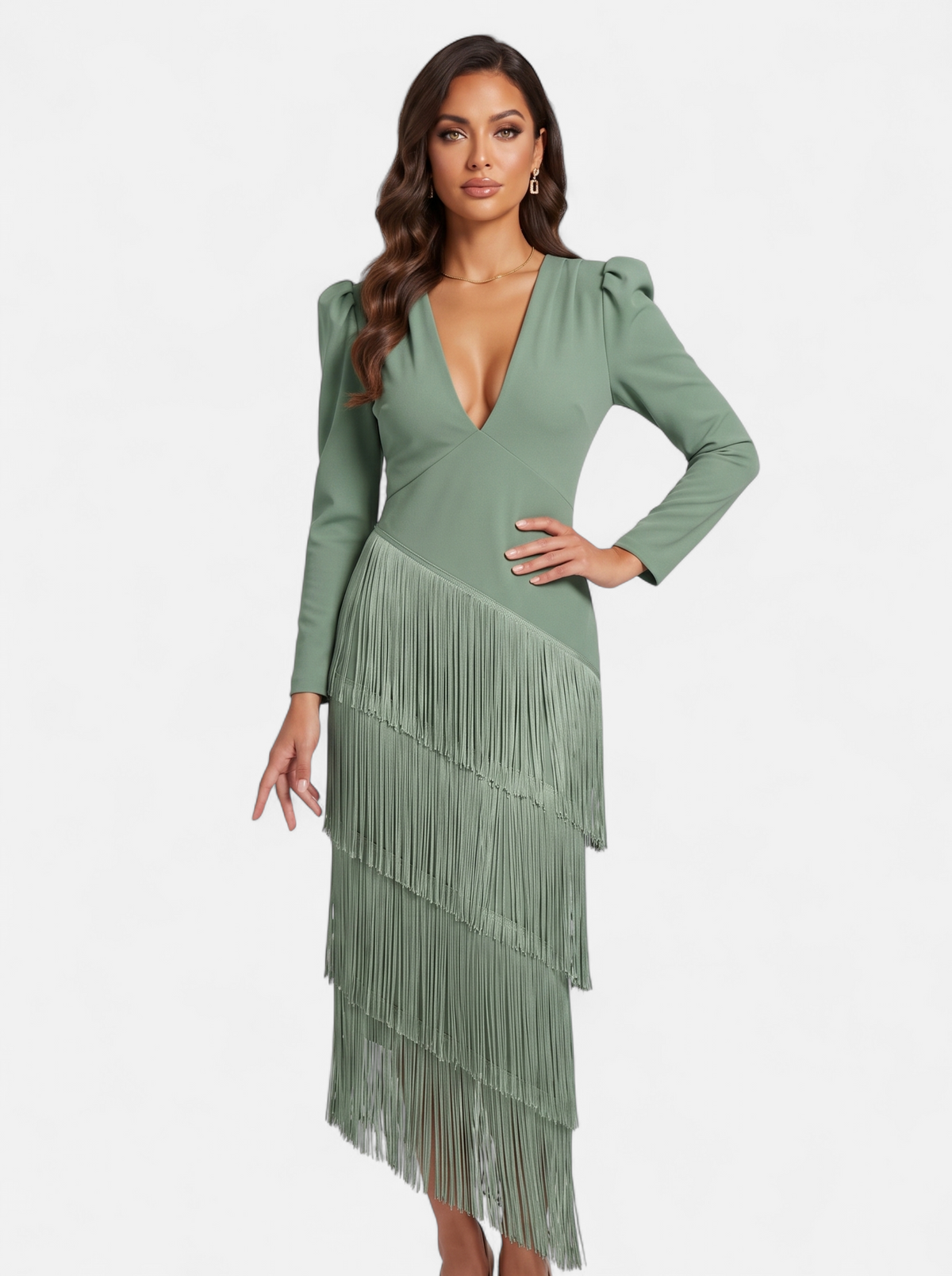 Womens Elegant Fringe Sleeve Maxi Dress Light Green Hero