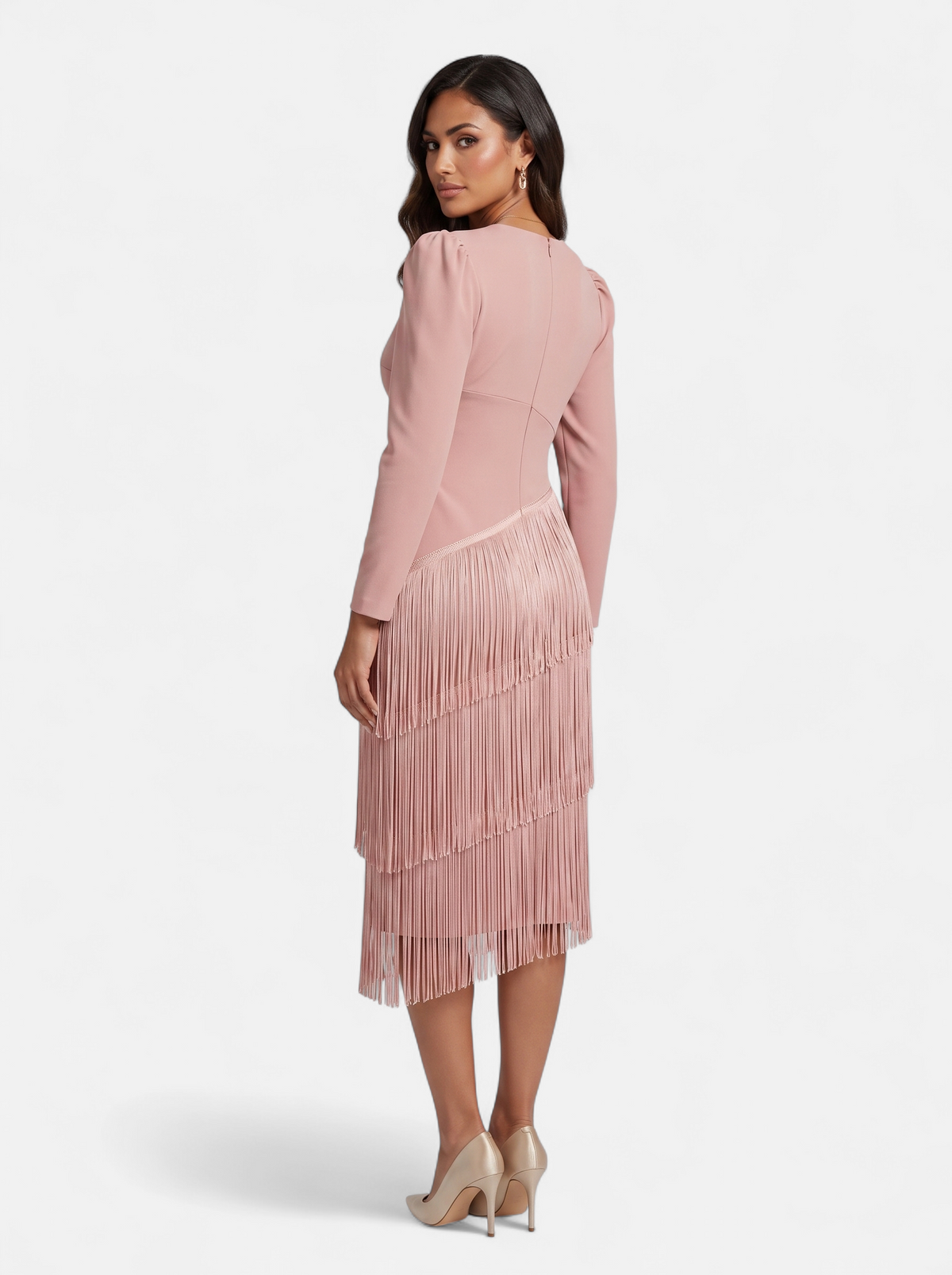 Womens Elegant Fringe Sleeve Maxi Dress Pink Back