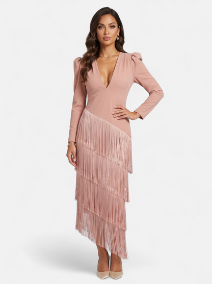 Womens Elegant Fringe Sleeve Maxi Dress Pink Full Body