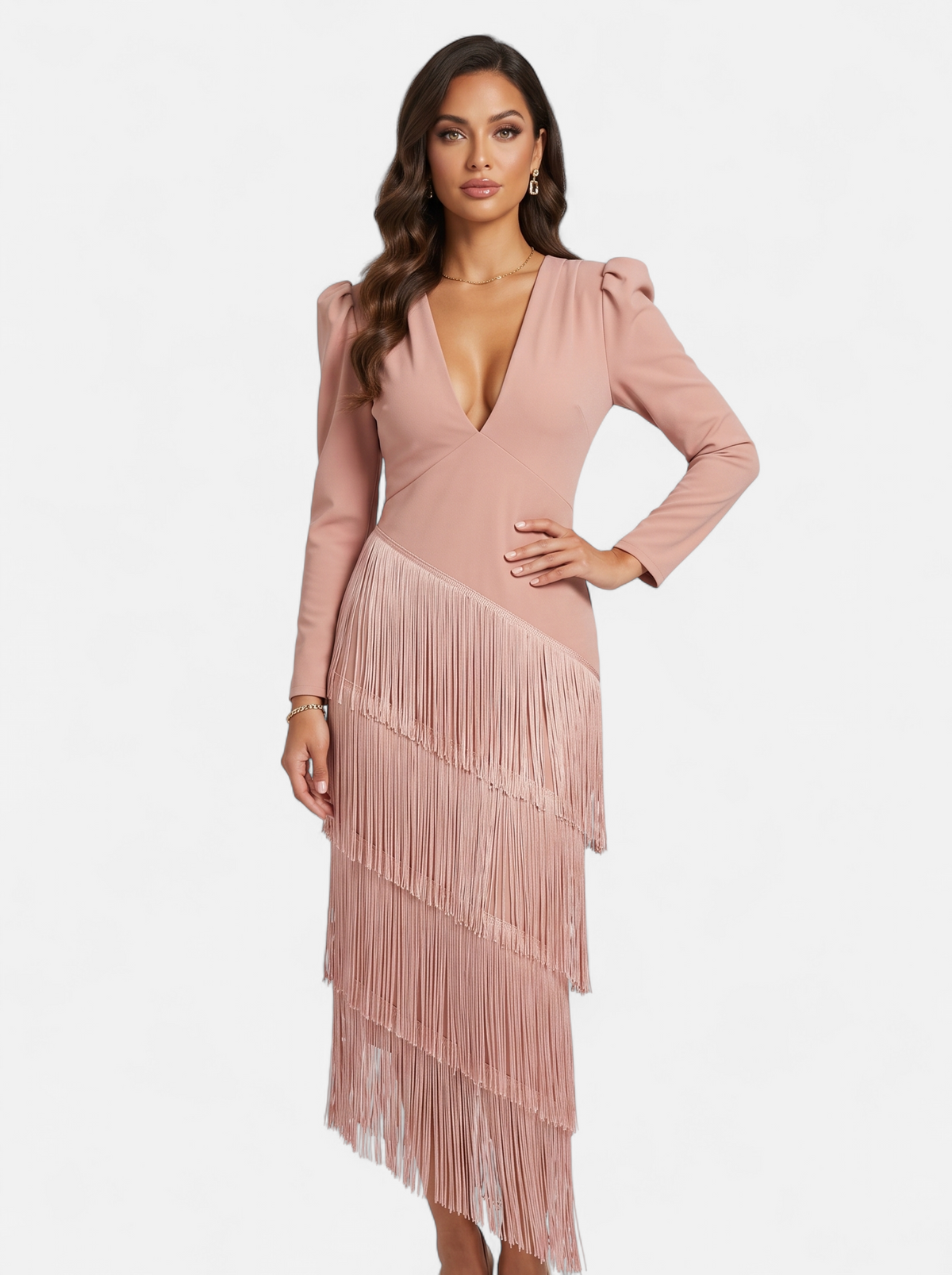 Womens Elegant Fringe Sleeve Maxi Dress Pink Hero