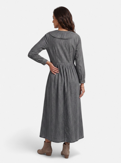 Womens Elegant Doll Collar Ankle Dress Gray Back