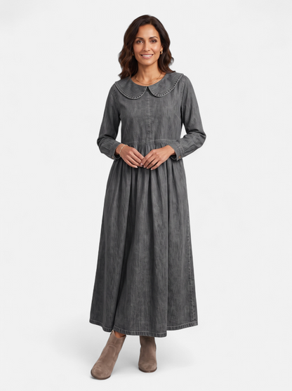 Womens Elegant Doll Collar Ankle Dress Gray Full Body