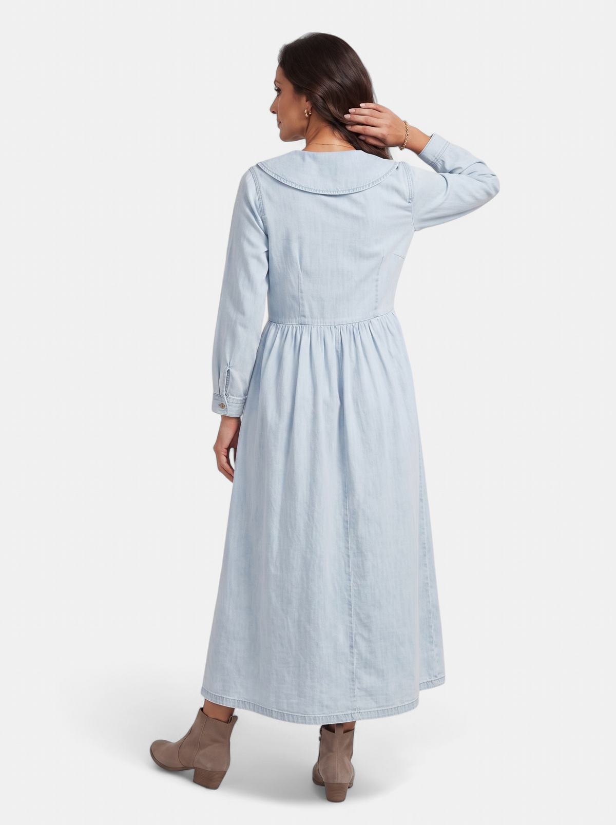 Womens Elegant Doll Collar Ankle Dress Light Blue Back