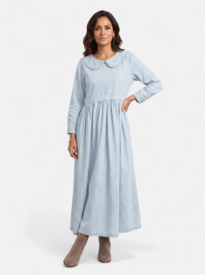 Womens Elegant Doll Collar Ankle Dress Light Blue Full Body