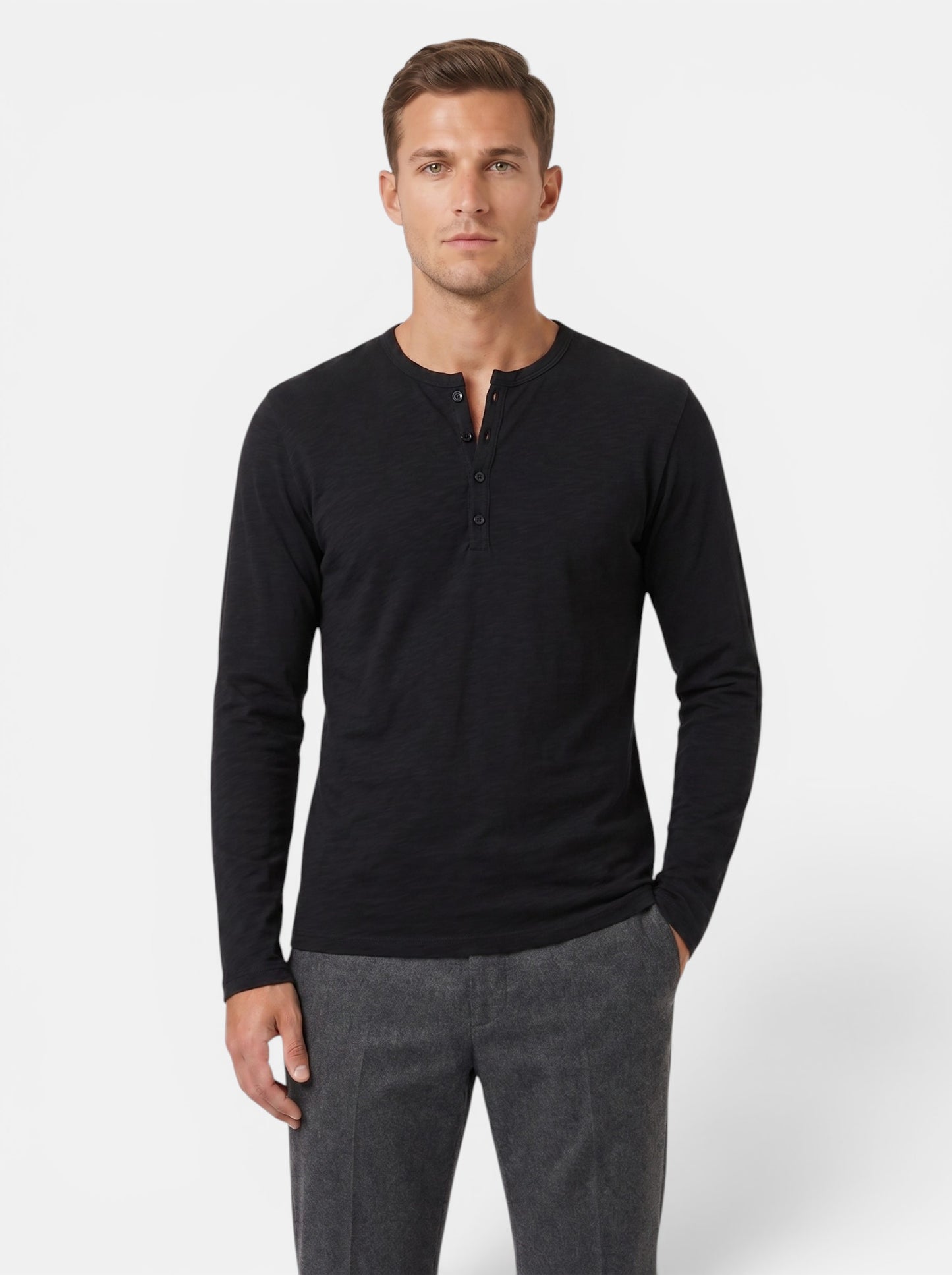Men's black long-sleeve cotton blend Henley shirt with button placket and relaxed fit.