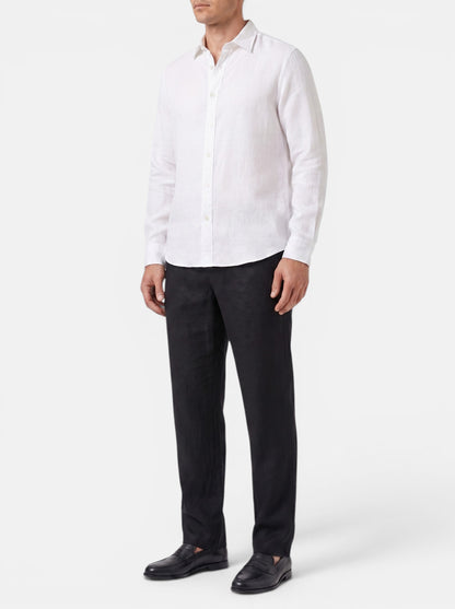 Men's black cotton linen relaxed fit casual pants with elasticated waist and back pocket.