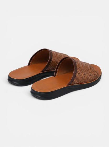 Men's brown woven faux leather slip-on sandals with a cushioned sole.