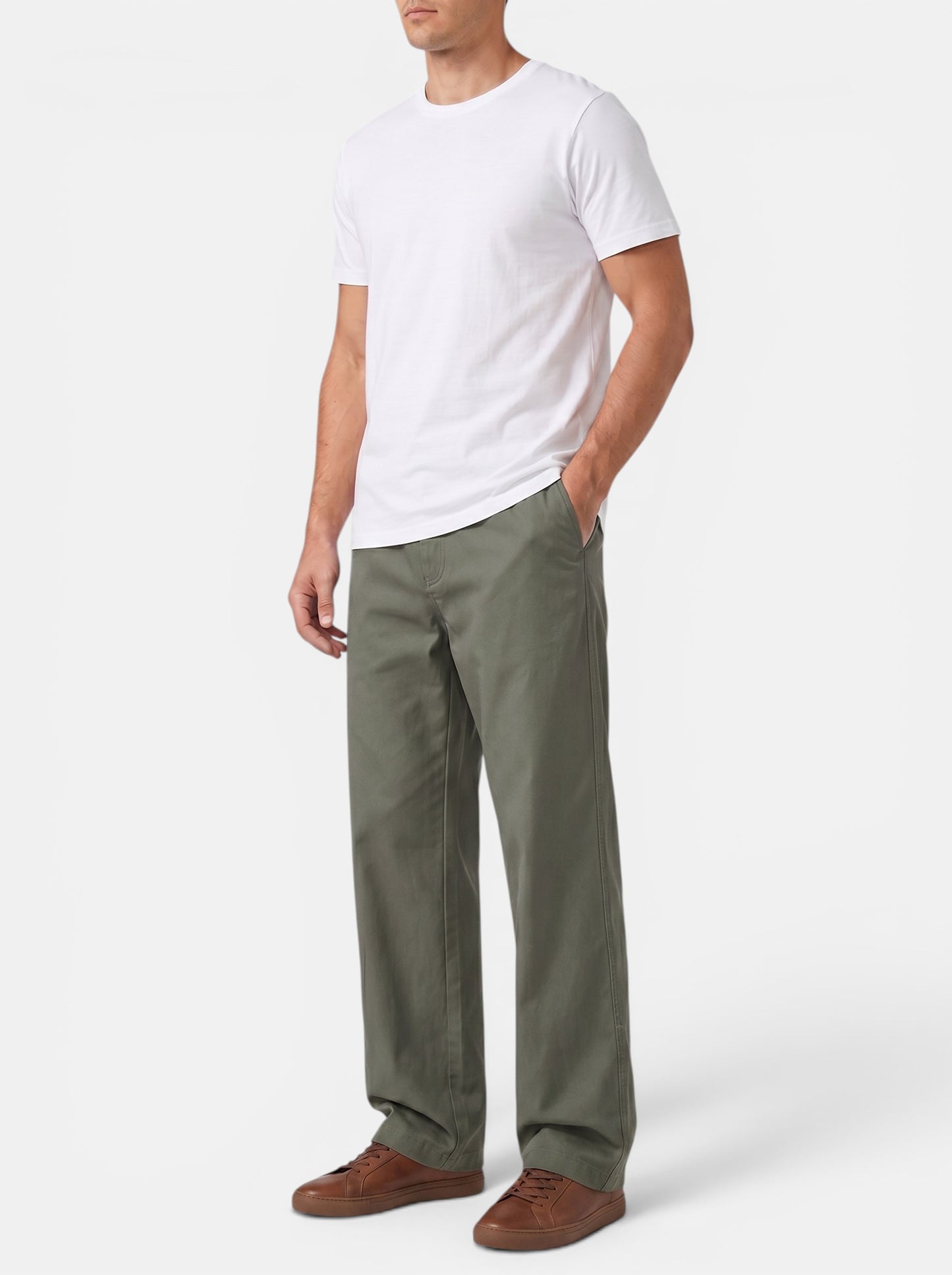 Men's loose fit olive green cotton cargo pants with elastic waistband and utility pockets.
