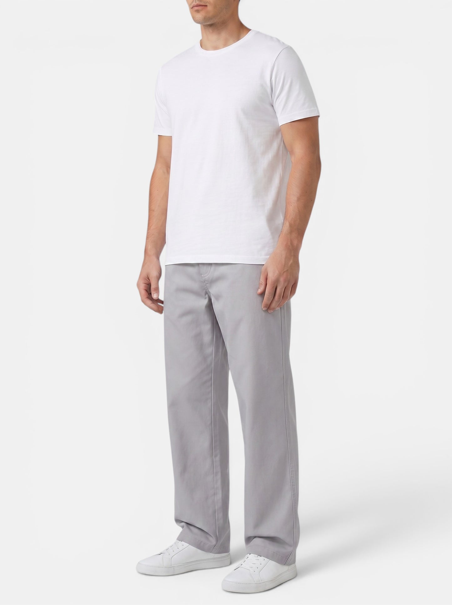 Men's light grey 100% cotton casual cargo pants with elastic waistband and utility pockets. Loose fit, straight leg.