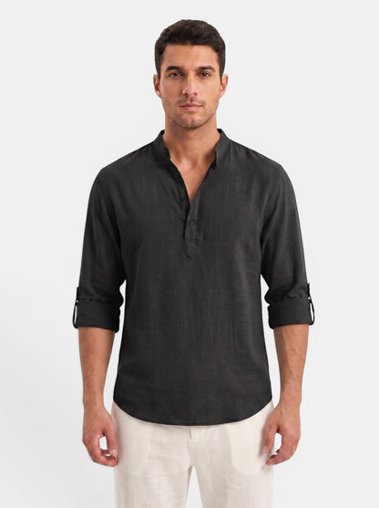 Men's dark grey cotton-linen blend long-sleeve Henley shirt with buttoned placket and rolled cuffs.