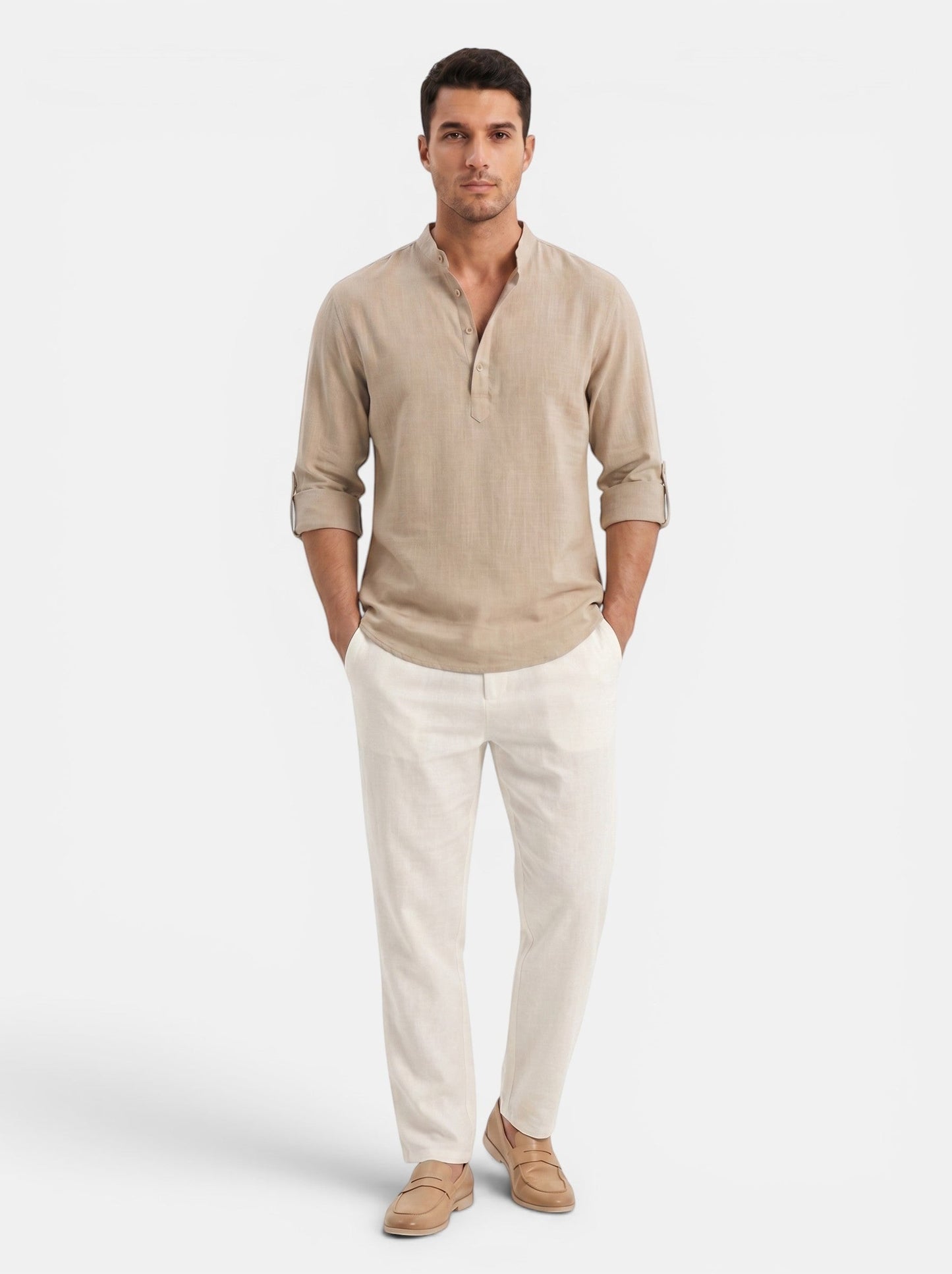 Men's tan cotton-linen long-sleeve Henley shirt with buttoned placket and rolled cuffs.