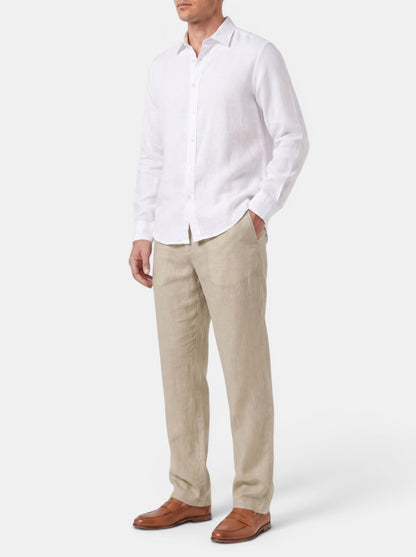 Men's relaxed fit beige cotton linen pants with elasticated waist and back pocket.