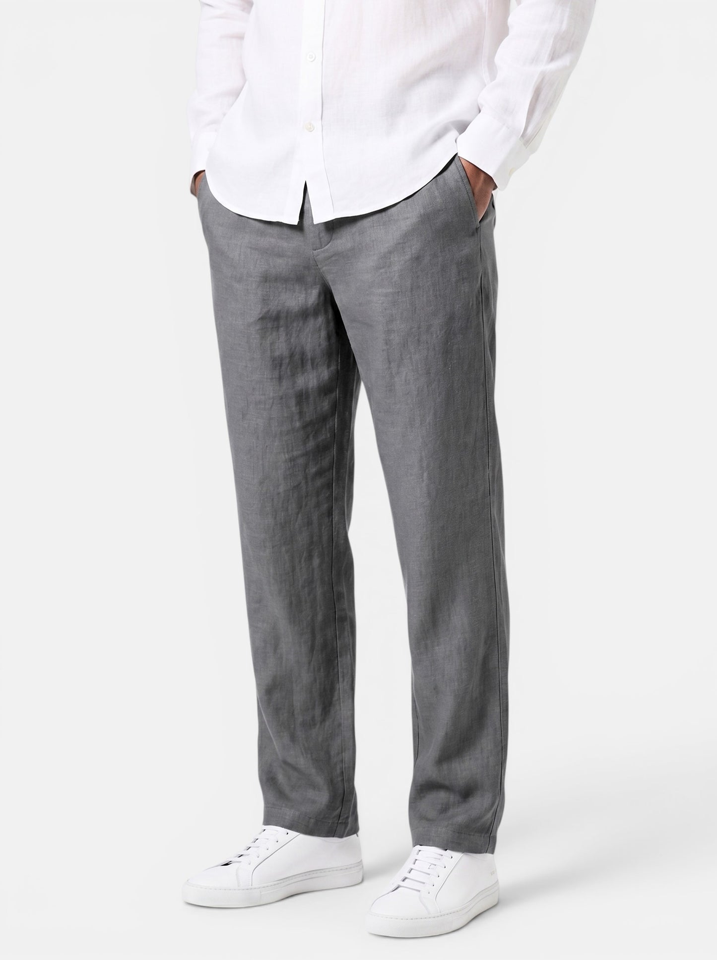 Men's relaxed fit grey cotton linen pants with elasticated waist and back pocket.