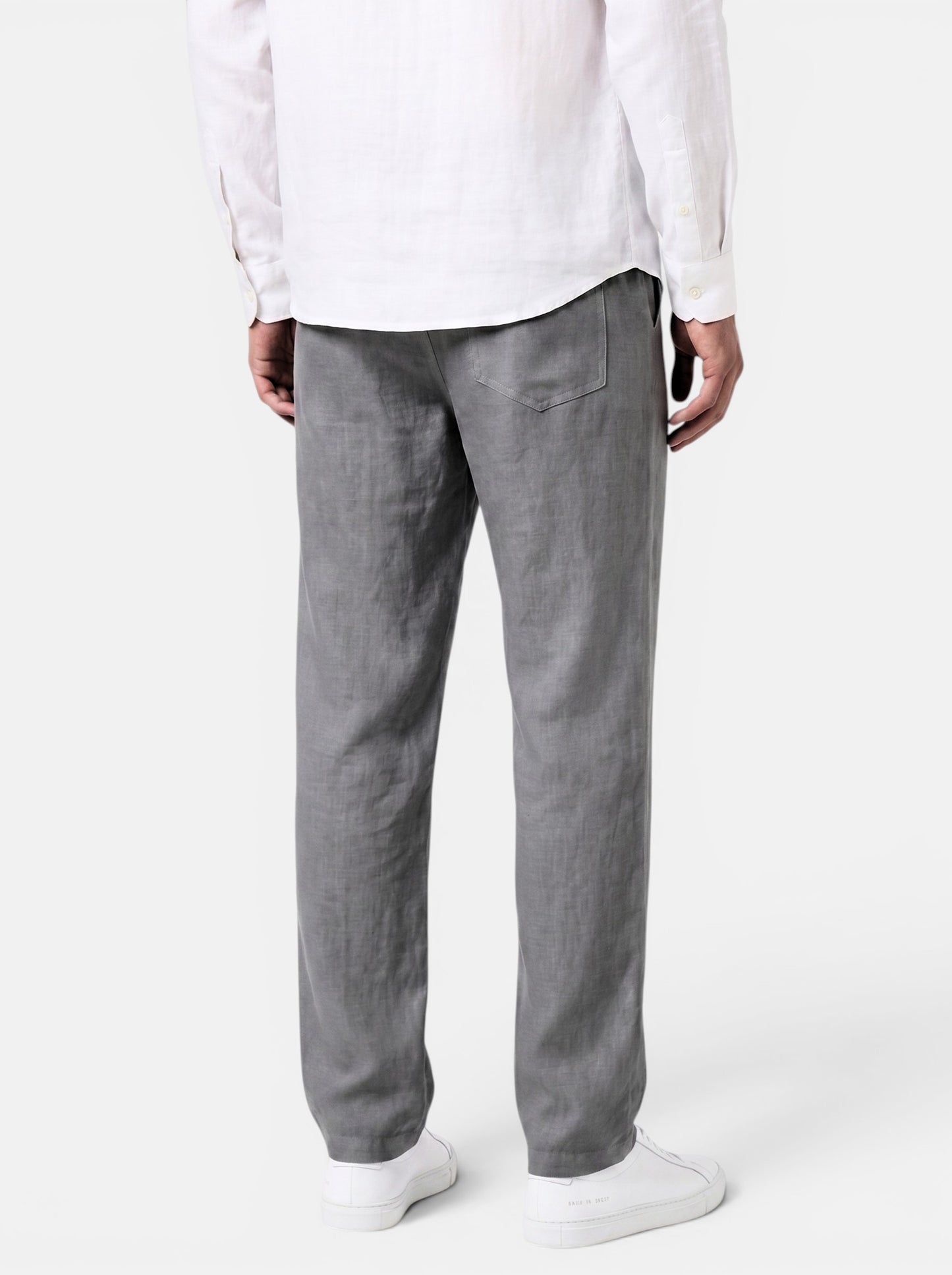 Men's relaxed fit grey cotton linen pants with elasticated waist and back pocket.