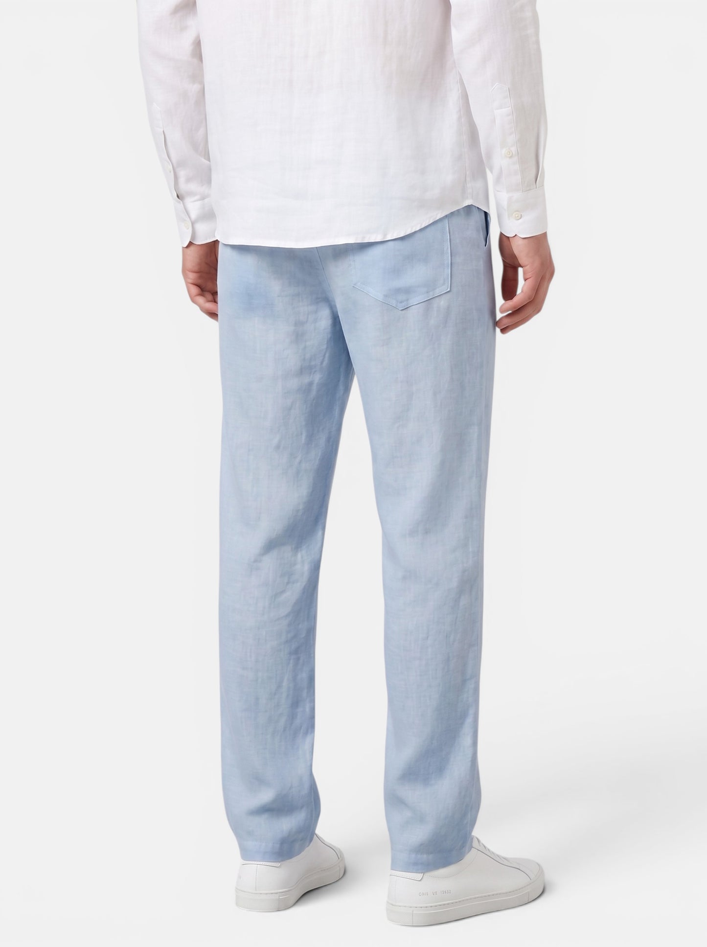 Men's light blue cotton linen relaxed fit wide-leg casual pants with elasticated waist and back pocket.