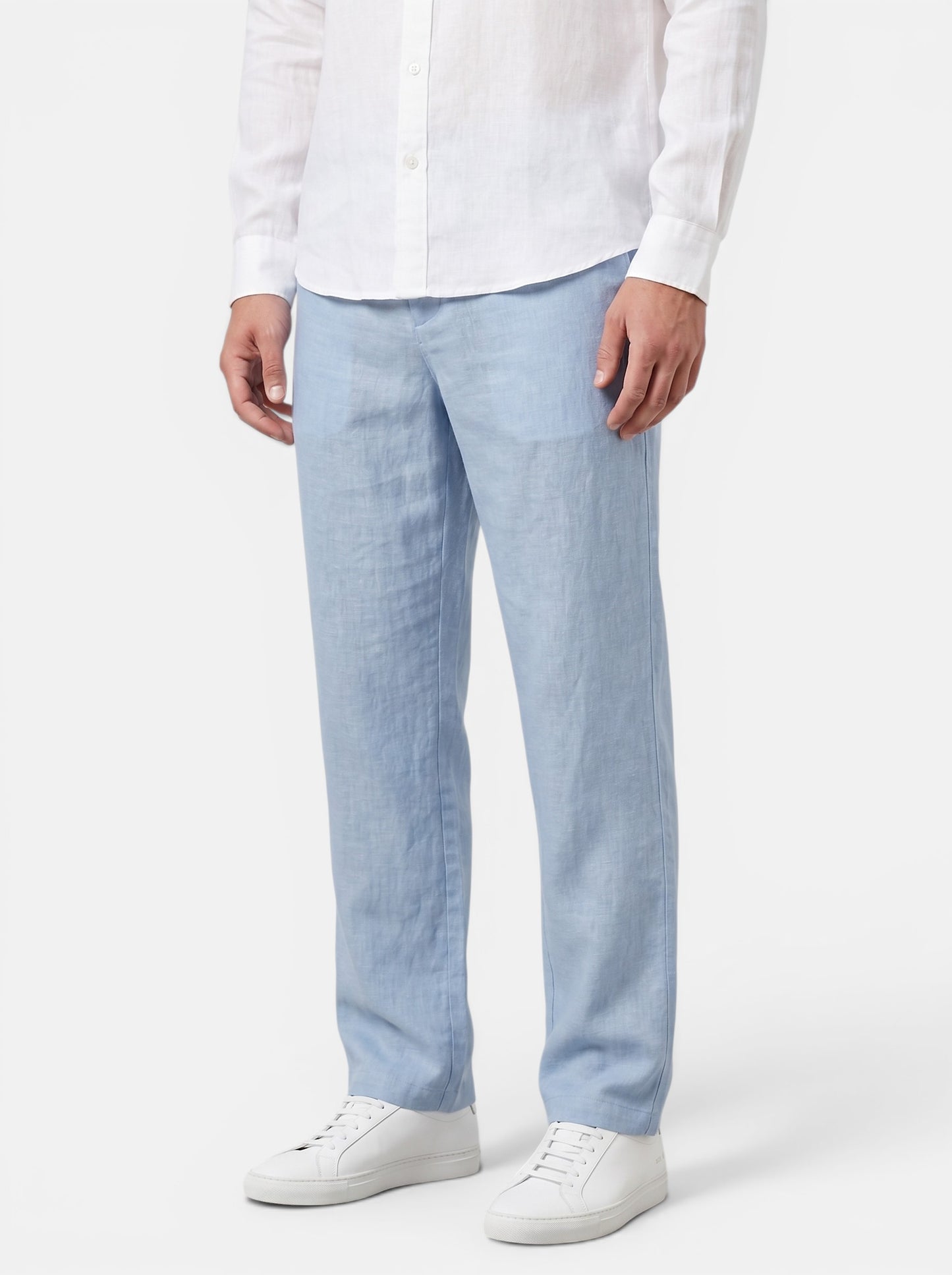 Men's light blue cotton linen relaxed fit wide-leg casual pants with elasticated waist.