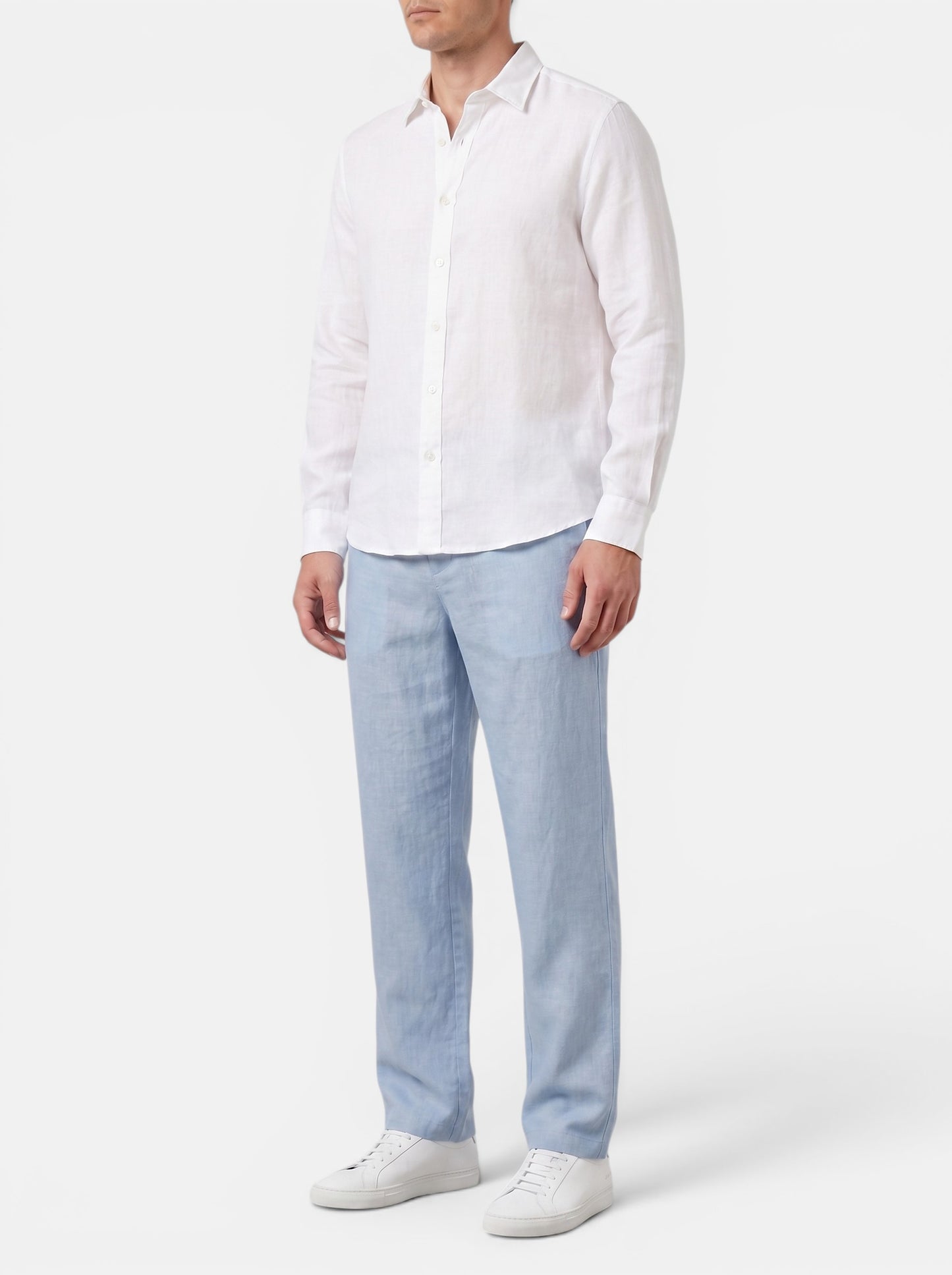 Men's light blue cotton linen relaxed fit casual pants with elasticated waist and back pocket.